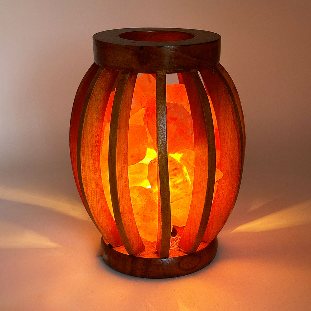 Foto principale Lampada di Sale Himalayano Rosa Braciere Ovale in legno con pezzotti 4 kg con luce calda