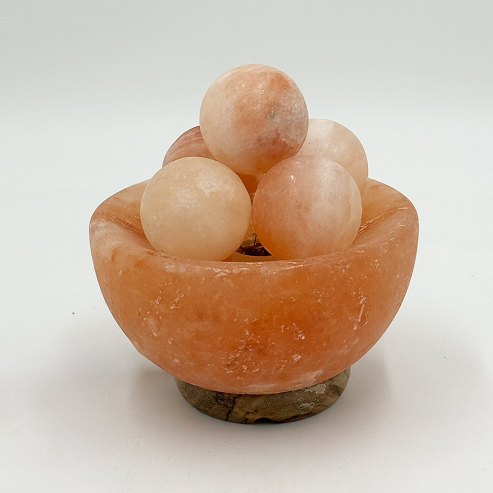 Lampada di Sale Himalayano Rosa Braciere rotondo liscio con sfere 3-4 kg con luce calda e base il legno - Foto 1