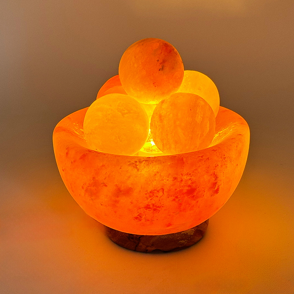 Foto principale Lampada di Sale Himalayano Rosa Braciere rotondo liscio con sfere 3-4 kg con luce calda e base il legno