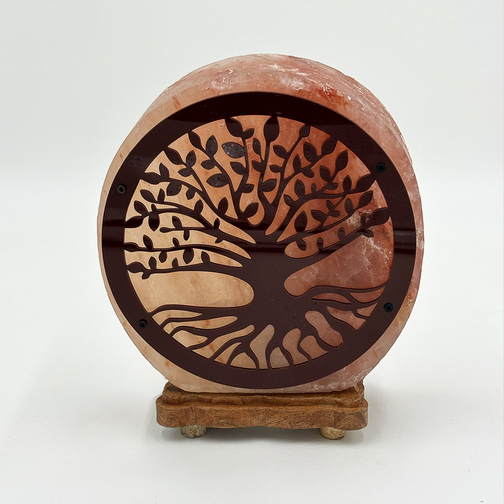 Lampada di Sale Himalayano Rosa scolpita Rotonda Albero della vita 5 kg con luce calda e base in legno - Foto 1