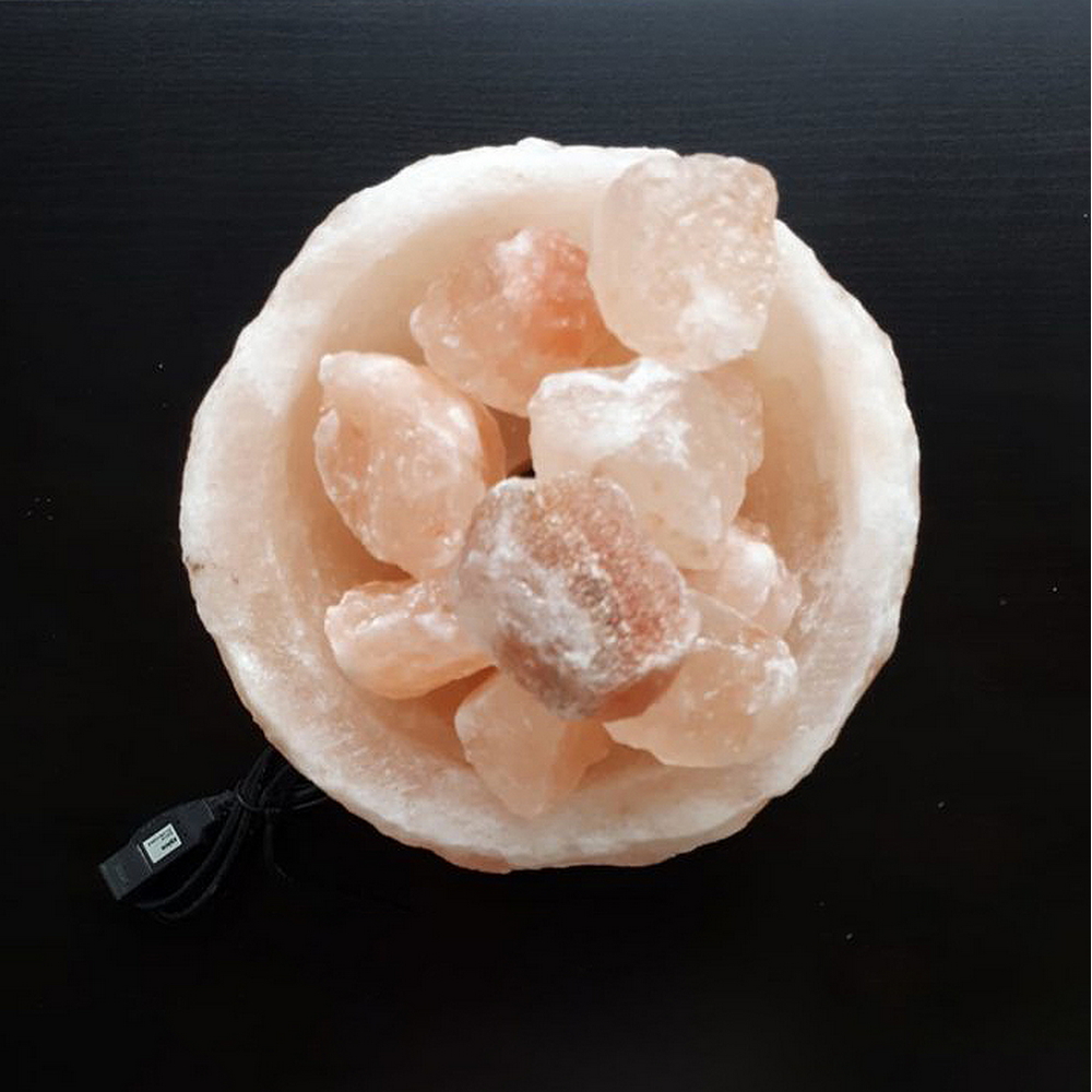 Lampada di Sale Himalayano USB Rosa scolpita a forma di Braciere 600 g con luce Led RGB e base in legno - Foto 1