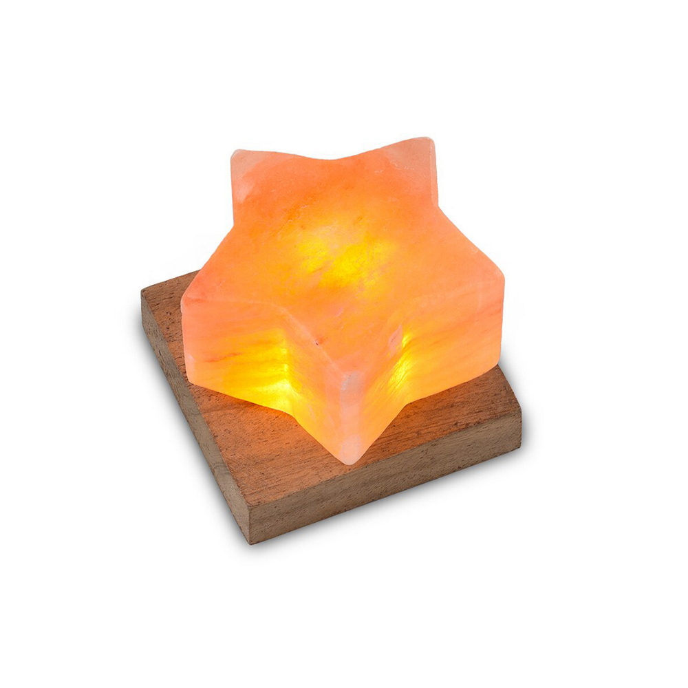 Foto principale Lampada di Sale Himalayano USB Rosa scolpita a forma di Stella 600 g con luce Led RGB e base in legno