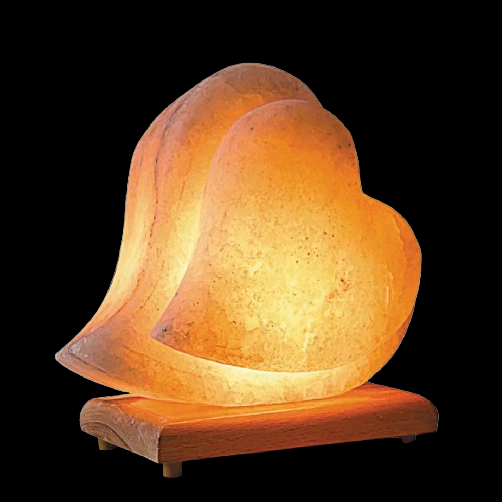 Foto principale Lampada di Sale Himalayano Rosa scolpita a forma di doppio Cuore 3-4 kg con luce calda e base in legno