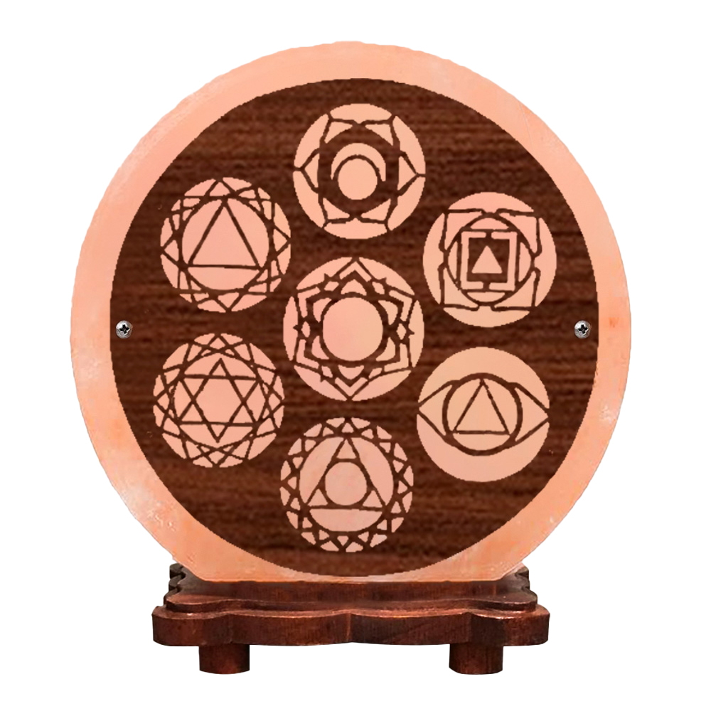 Lampada di Sale Himalayano Rosa scolpita Rotonda 7 Chakra 5 kg con luce calda e base in legno - Foto 1