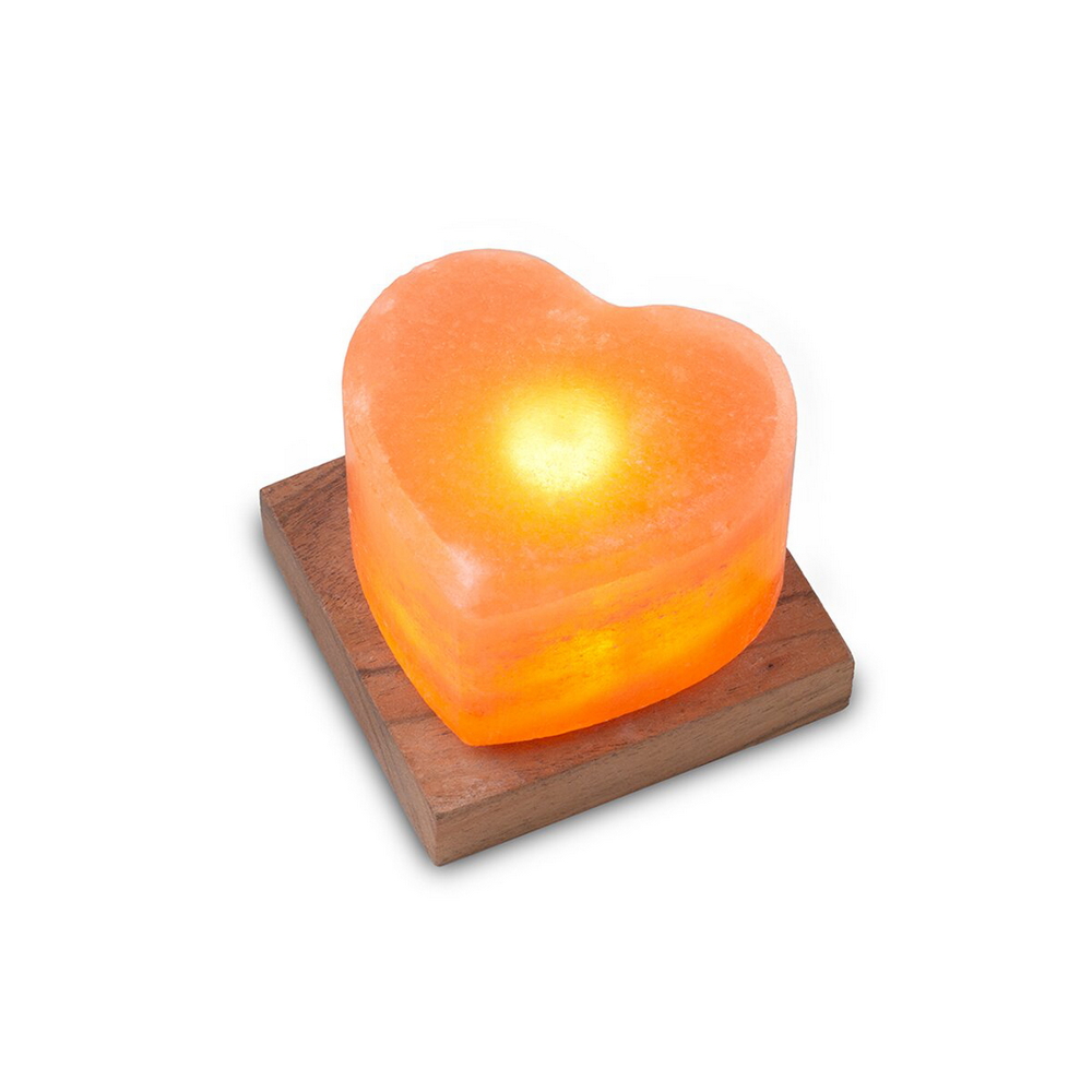 Foto principale Lampada di Sale Himalayano USB Rosa scolpita a forma di Cuore 600 g con luce Led RGB e base in legno