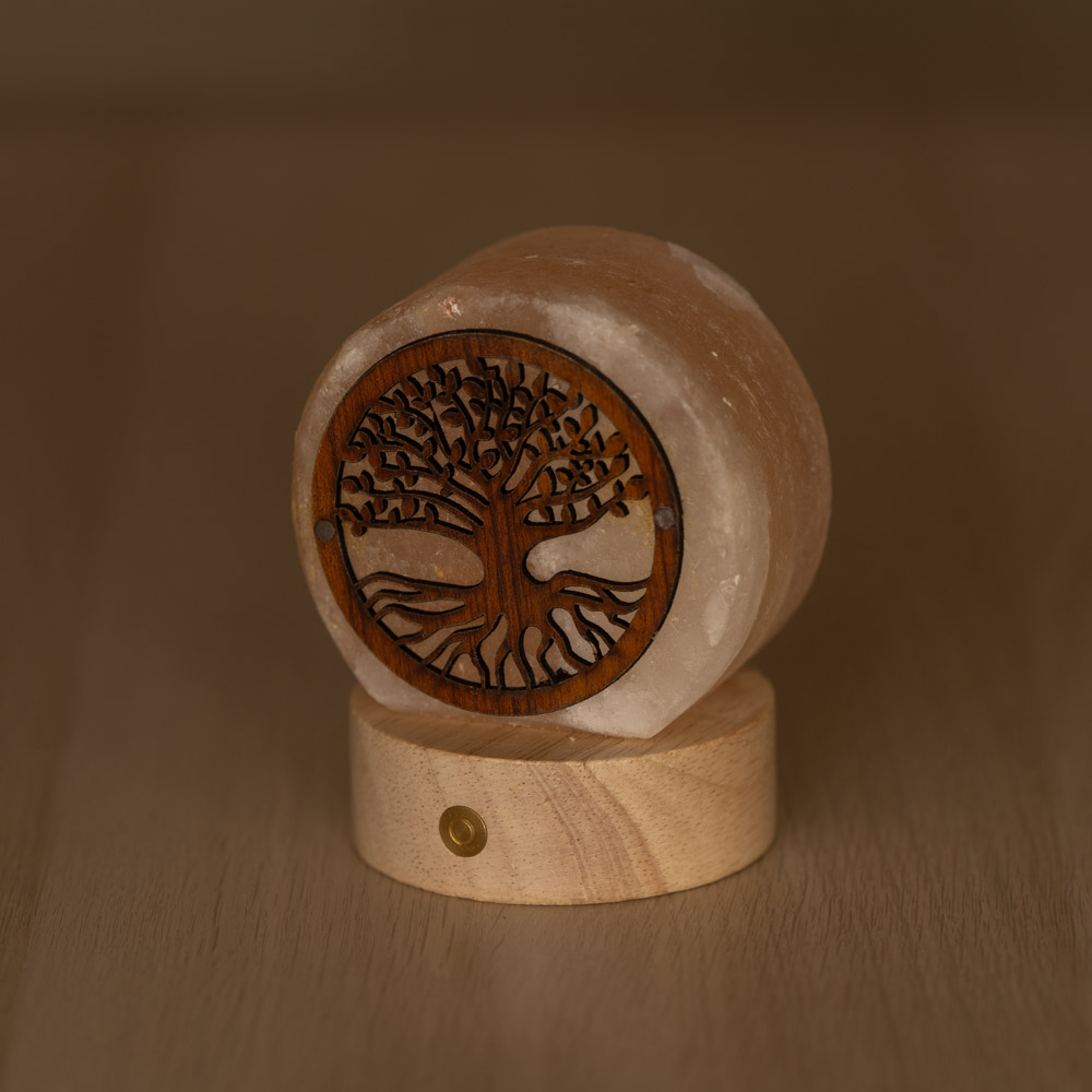 Lampada di Sale Himalayano Libera a batteria Rosa scolpita a forma di Albero della vita 600 g con luce Led RGB e base rotonda - Foto 1