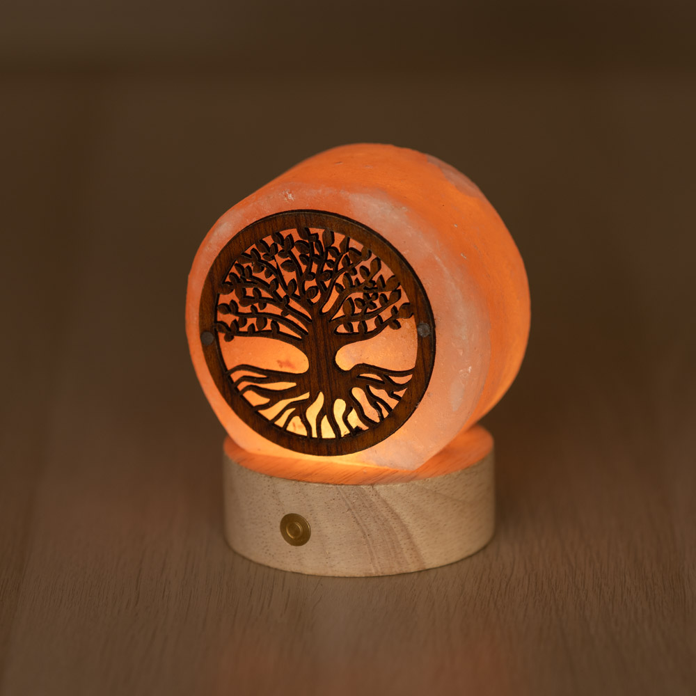 Foto principale Lampada di Sale Himalayano Libera a batteria Rosa scolpita a forma di Albero della vita 600 g con luce Led RGB e base rotonda