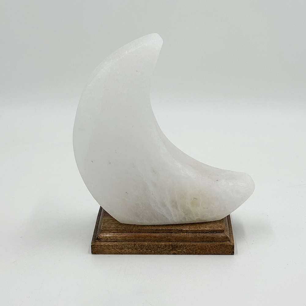 Lampada di Sale Himalayano Bianca scolpita a forma di Luna 2-3 kg con luce calda e base in legno - Foto 1