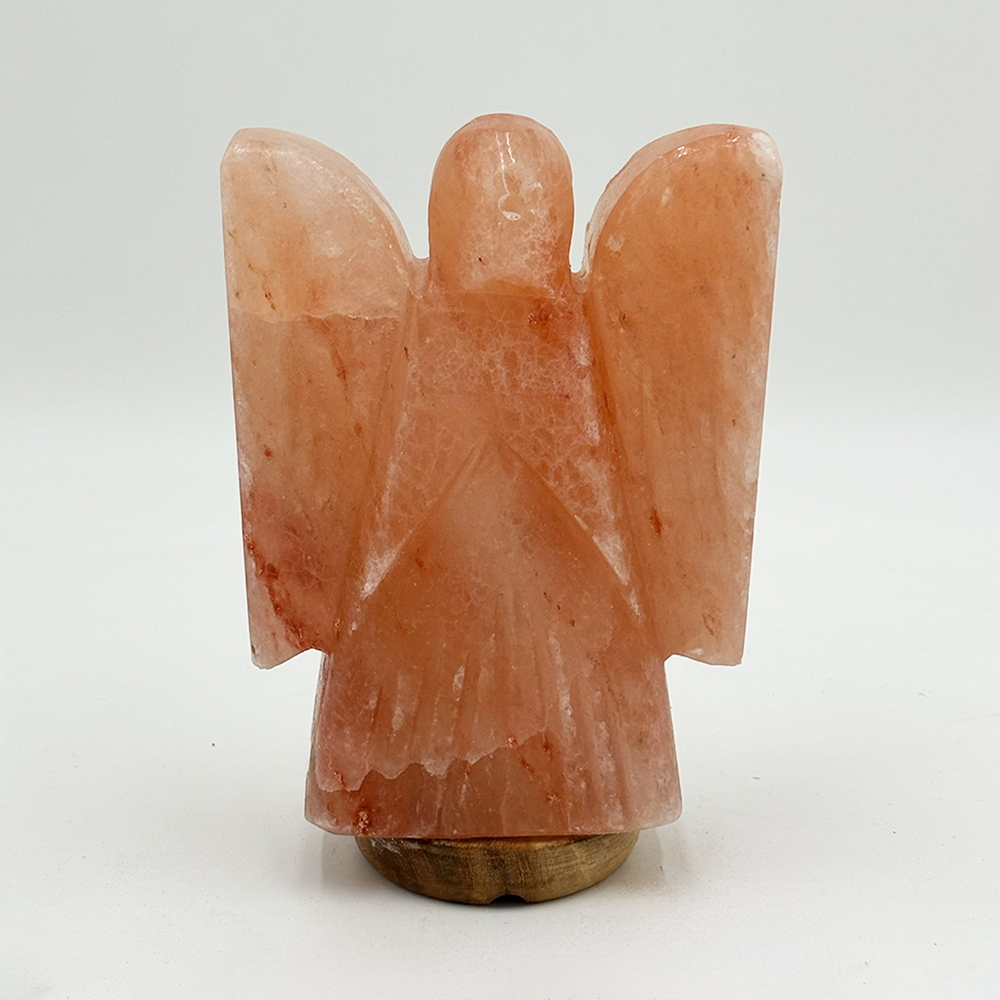 Lampada di Sale Himalayano Rosa scolpita a forma di Angelo 3 kg con luce calda e base in legno - Foto 1
